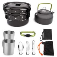 TAESOUW-Camping Outdoor Aluminium Compact Camping Cookware Mess Kit Pot Pan Kettle Cups Spork Hook Cooking Equipment Collapsible Portable Backpacking Cookset with Mesh Bag Outdoor Camping