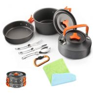 TAESOUW-Camping Collapsible Lightweight Aluminium Camping Cookware Mess Kit Pot Pan Kettle Spork Hook Cooking Equipment Outdoor Backpacking Cookset with Mesh Bag Outdoor Camping (Color : Orange, S
