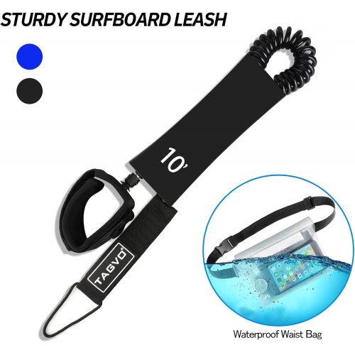  Tagvo Sup Leash Coiled 10 Super Strong 7mm Cord with Waterproof Waist Pouch, Comfortable Padded Neoprene Ankle Cuff Stand up Paddle Board Leash with Double Swivels Anti-rust, Flexi