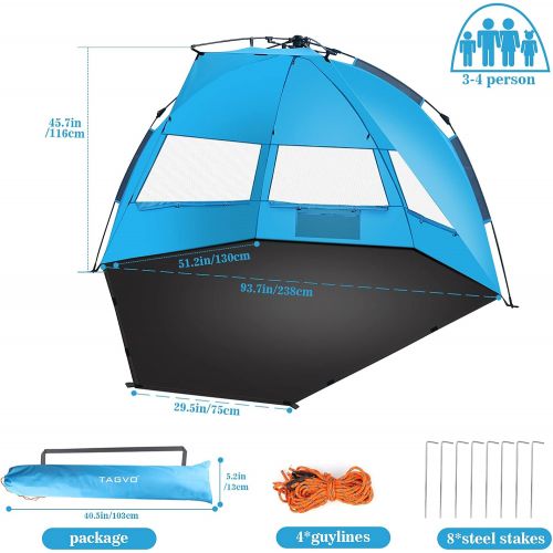  TAGVO Beach Tent, X-Large Pop Up Sun Shelter, Easy Set Up, Portable Instant Beach Canopy Baby Tent, UPF 50+ Sun Protection Good Ventilation 3-4 Person Sun Shade Tent with Ventilati