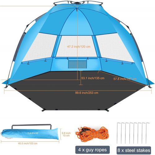  TAGVO Beach Tent, X-Large Pop Up Sun Shelter, Easy Set Up, Portable Instant Beach Canopy Baby Tent, UPF 50+ Sun Protection Good Ventilation 3-4 Person Sun Shade Tent with Ventilati