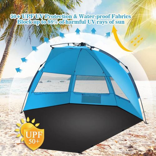  TAGVO Beach Tent, X-Large Pop Up Sun Shelter, Easy Set Up, Portable Instant Beach Canopy Baby Tent, UPF 50+ Sun Protection Good Ventilation 3-4 Person Sun Shade Tent with Ventilati