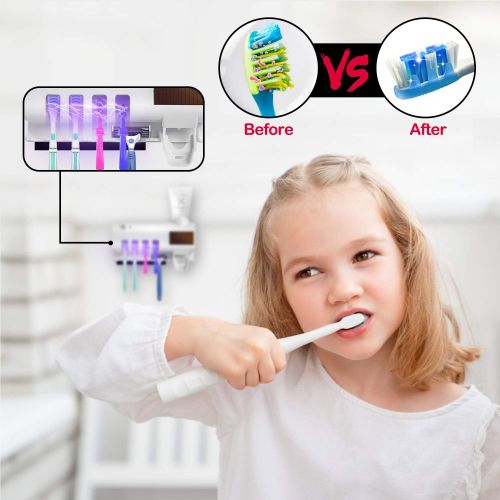  TAISHAN Toothbrush Sanitizer，UV Toothbrush Holder for Electric/Regular Toothbrush, Bathroom Toothbrush Sanitizer with Wall Mount Sticker Plus Toothpaste Dispenser & 4 Toothbrush Sl