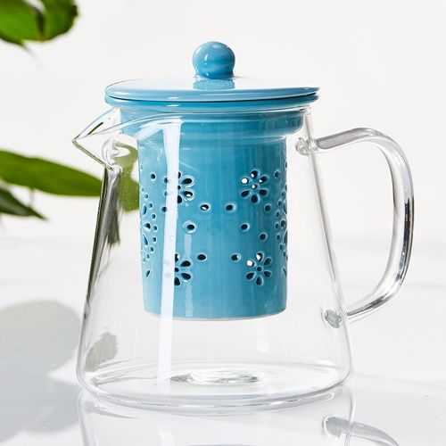 TAMUME 500ml Glas Teekanne mit Porzellan Teekanne Sieb (Blue)