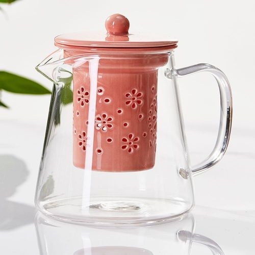  TAMUME 500ml Glas Teekanne mit Porzellan Teekanne Sieb (Pink)