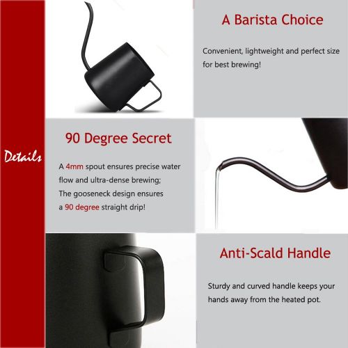  TAMUME 350ml Schwarz Tropfwasserkocher mit 4MM Tuelle Drip Kettle Antihaft Beschichtung fuer Drip Kaffee und Edelstahl-Koerper Kaffeefilterhersteller - Schwarz