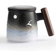 [아마존베스트]TANG PIN “Moon Deer” Handmade Ceramic Tea Mug with Infuser and Lid, Teaware with Steeper, 14.5 OZ (Black&White)