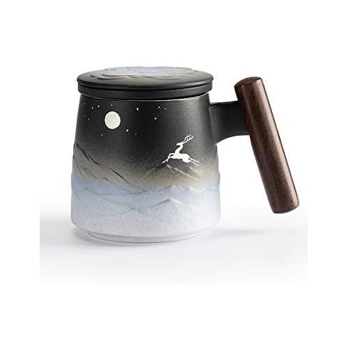  [아마존베스트]TANG PIN “Moon Deer” Handmade Ceramic Tea Mug with Infuser and Lid, Teaware with Steeper, 14.5 OZ (Black&White)