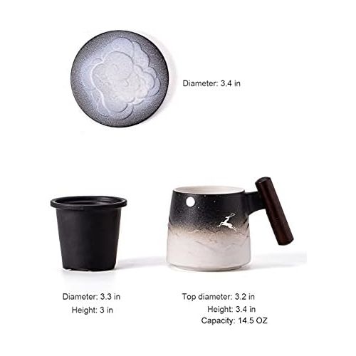  [아마존베스트]TANG PIN “Moon Deer” Handmade Ceramic Tea Mug with Infuser and Lid, Teaware with Steeper, 14.5 OZ (Black&White)