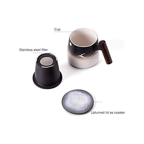  [아마존베스트]TANG PIN “Moon Deer” Handmade Ceramic Tea Mug with Infuser and Lid, Teaware with Steeper, 14.5 OZ (Black&White)