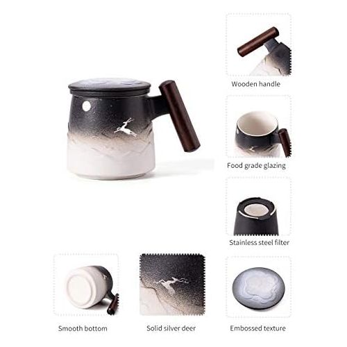  [아마존베스트]TANG PIN “Moon Deer” Handmade Ceramic Tea Mug with Infuser and Lid, Teaware with Steeper, 14.5 OZ (Black&White)