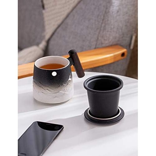  [아마존베스트]TANG PIN “Moon Deer” Handmade Ceramic Tea Mug with Infuser and Lid, Teaware with Steeper, 14.5 OZ (Black&White)