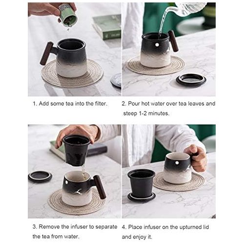  [아마존베스트]TANG PIN “Moon Deer” Handmade Ceramic Tea Mug with Infuser and Lid, Teaware with Steeper, 14.5 OZ (Black&White)