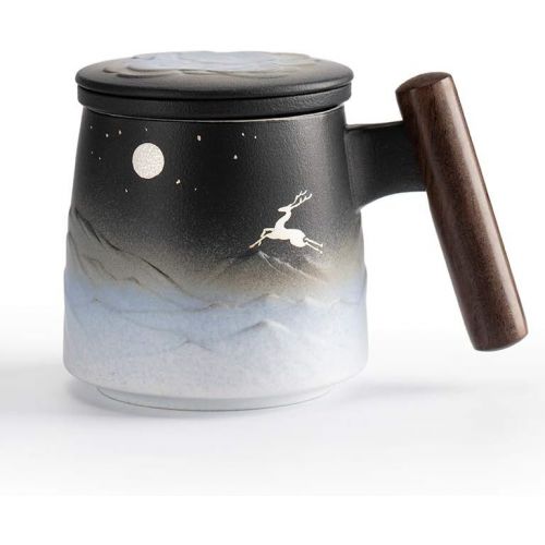  [아마존베스트]TANG PIN “Moon Deer” Handmade Ceramic Tea Mug with Infuser and Lid, Teaware with Steeper, 14.5 OZ (Black&White)