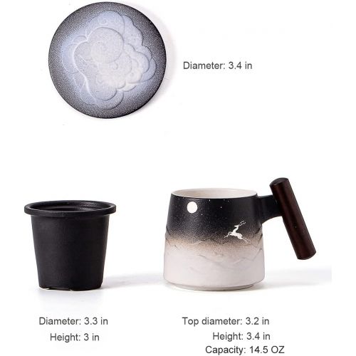  [아마존베스트]TANG PIN “Moon Deer” Handmade Ceramic Tea Mug with Infuser and Lid, Teaware with Steeper, 14.5 OZ (Black&White)