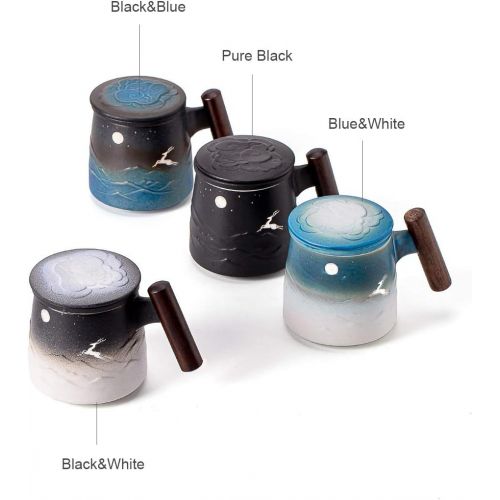  [아마존베스트]TANG PIN “Moon Deer” Handmade Ceramic Tea Mug with Infuser and Lid, Teaware with Steeper, 14.5 OZ (Black&White)