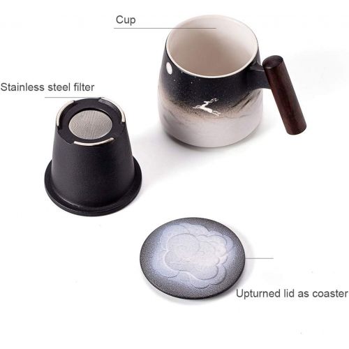  [아마존베스트]TANG PIN “Moon Deer” Handmade Ceramic Tea Mug with Infuser and Lid, Teaware with Steeper, 14.5 OZ (Black&White)