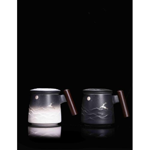  [아마존베스트]TANG PIN “Moon Deer” Handmade Ceramic Tea Mug with Infuser and Lid, Teaware with Steeper, 14.5 OZ (Black&White)