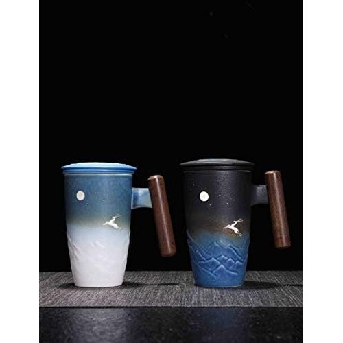  [아마존베스트]TANG PIN Painted “Moonlight Deer” Ceramic Tea Cup with Infuser and Lid, Wooden Handle Tea Mug, 13.5 OZ (Black&Blue)