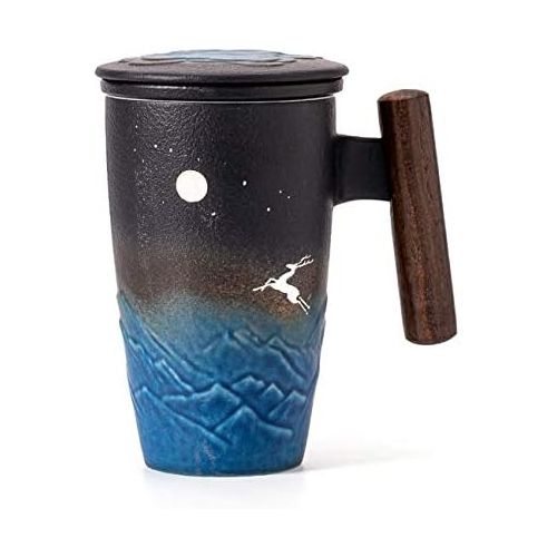  [아마존베스트]TANG PIN Painted “Moonlight Deer” Ceramic Tea Cup with Infuser and Lid, Wooden Handle Tea Mug, 13.5 OZ (Black&Blue)