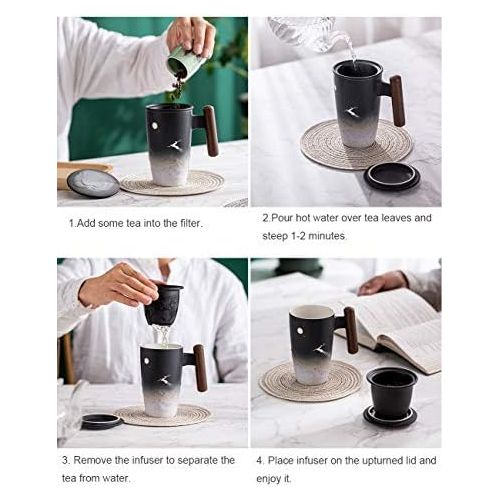 [아마존베스트]TANG PIN Painted “Moonlight Deer” Ceramic Tea Cup with Infuser and Lid, Wooden Handle Tea Mug, 13.5 OZ (Black&Blue)