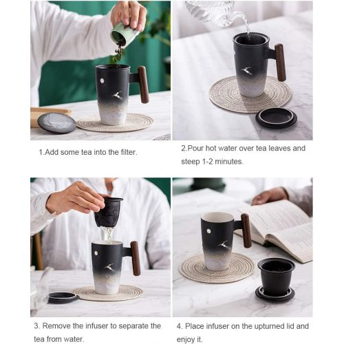  [아마존베스트]TANG PIN Painted “Moonlight Deer” Ceramic Tea Cup with Infuser and Lid, Wooden Handle Tea Mug, 13.5 OZ (Black&Blue)