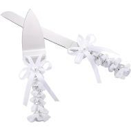 TANG SONG Elegant Stainless Steel Wedding Cake Knife and Serving Set Resin Plastic Handle with Heart Beads and Bowknot Riband Lace Design