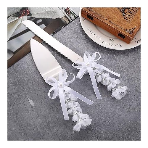  TANG SONG Elegant Stainless Steel Wedding Cake Knife and Serving Set Resin Plastic Handle with Heart Beads and Bowknot Riband Lace Design