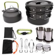 TANGIST 9 Pcs Camping Cookware Mess Kit with Lightweight Pot Folding Camping Pots and Pans Set for 2-3 Person Tank Bracket Fork Spoon Kit for Backpacking Outdoor Camping Hiking and