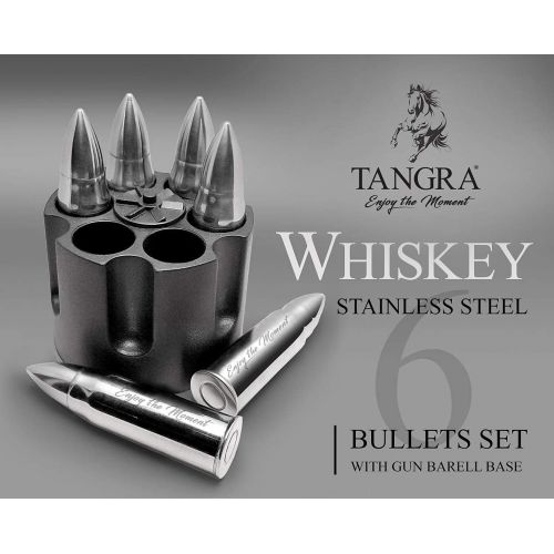  [아마존베스트]TANGRA WHISKEY STONES LARGE 6 LASER ENGRAVED STAINLESS STEEL SILVER BULLETS with Revolver Barrel Base Reusable Chilling Rocks Stone Ice Cubes Chillers Birth Day Gift Set for Fathers Day,