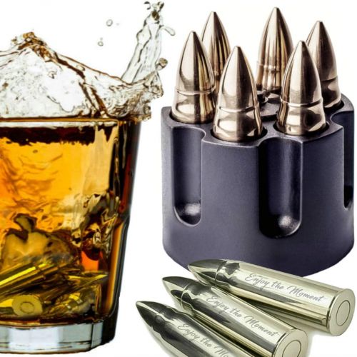  [아마존베스트]TANGRA WHISKEY STONES LARGE 6 LASER ENGRAVED STAINLESS STEEL SILVER BULLETS with Revolver Barrel Base Reusable Chilling Rocks Stone Ice Cubes Chillers Birth Day Gift Set for Fathers Day,