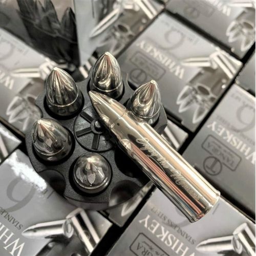  [아마존베스트]TANGRA WHISKEY STONES LARGE 6 LASER ENGRAVED STAINLESS STEEL SILVER BULLETS with Revolver Barrel Base Reusable Chilling Rocks Stone Ice Cubes Chillers Birth Day Gift Set for Fathers Day,