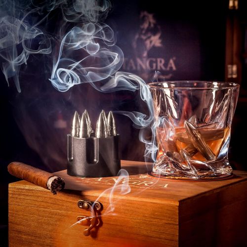  [아마존베스트]TANGRA WHISKEY STONES LARGE 6 LASER ENGRAVED STAINLESS STEEL SILVER BULLETS with Revolver Barrel Base Reusable Chilling Rocks Stone Ice Cubes Chillers Birth Day Gift Set for Fathers Day,