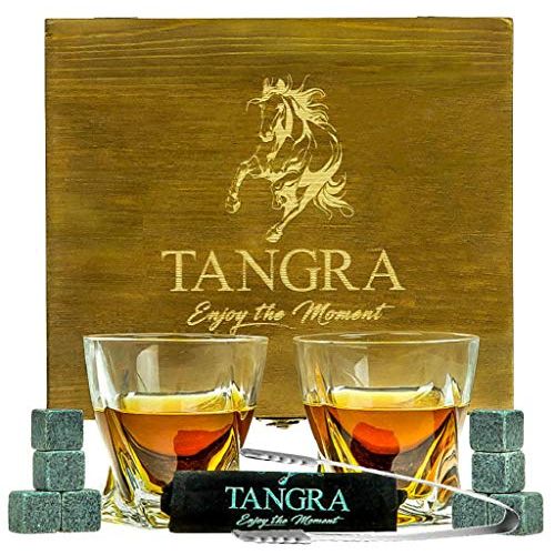  [아마존베스트]TANGRA Whiskey Stones Luxury Gift Set of 8 Granite Ice Cubes Reusable Chilling Rocks + 2 Large Size Scotch Glasses in Wooden Box. Cool Whiskey Gift Sets for Man Dad Father Groomsmen by TA