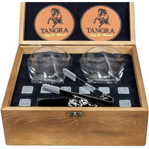  [아마존베스트]TANGRA Whiskey Stones Luxury Gift Set of 8 Granite Ice Cubes Reusable Chilling Rocks + 2 Large Size Scotch Glasses in Wooden Box. Cool Whiskey Gift Sets for Man Dad Father Groomsmen by TA