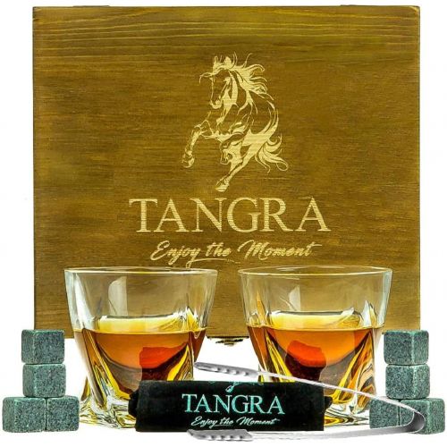  [아마존베스트]TANGRA Whiskey Stones Luxury Gift Set of 8 Granite Ice Cubes Reusable Chilling Rocks + 2 Large Size Scotch Glasses in Wooden Box. Cool Whiskey Gift Sets for Man Dad Father Groomsmen by TA