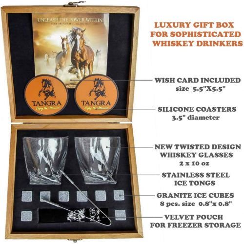  [아마존베스트]TANGRA Whiskey Stones Luxury Gift Set of 8 Granite Ice Cubes Reusable Chilling Rocks + 2 Large Size Scotch Glasses in Wooden Box. Cool Whiskey Gift Sets for Man Dad Father Groomsmen by TA