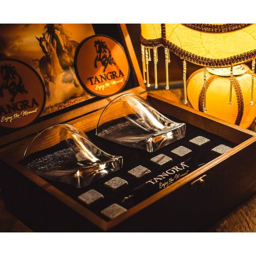  [아마존베스트]TANGRA Whiskey Stones Luxury Gift Set of 8 Granite Ice Cubes Reusable Chilling Rocks + 2 Large Size Scotch Glasses in Wooden Box. Cool Whiskey Gift Sets for Man Dad Father Groomsmen by TA