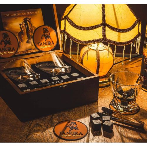  [아마존베스트]TANGRA Whiskey Stones Luxury Gift Set of 8 Granite Ice Cubes Reusable Chilling Rocks + 2 Large Size Scotch Glasses in Wooden Box. Cool Whiskey Gift Sets for Man Dad Father Groomsmen by TA