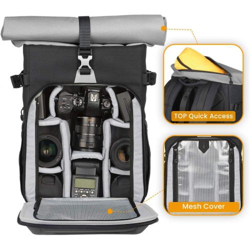  TARION XH Camera Bag Hardcase Camera Case Roll Top Camera Backpack 15 Laptop Compartment Waterproof Raincover for DSLR Mirrorless Cameras Lens Tripod Outdoor Men Women Color Silver