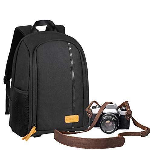  TARION Camera Backpack + Leather Camera Strap Camera Bag Backpack with 15 inch Laptop Compartment + Adjustable Genuine Camera Neck Strap Vintage for DSLR SLR Mirrorless Cameras