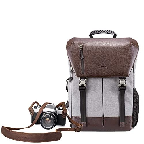  TARION Camera Backpack + Leather Camera Strap Waterproof Camera Bag with 15.6 Inch Laptop Compartment + Adjustable Genuine Camera Neck Strap Vintage for DSLR SLR Mirrorless Cameras