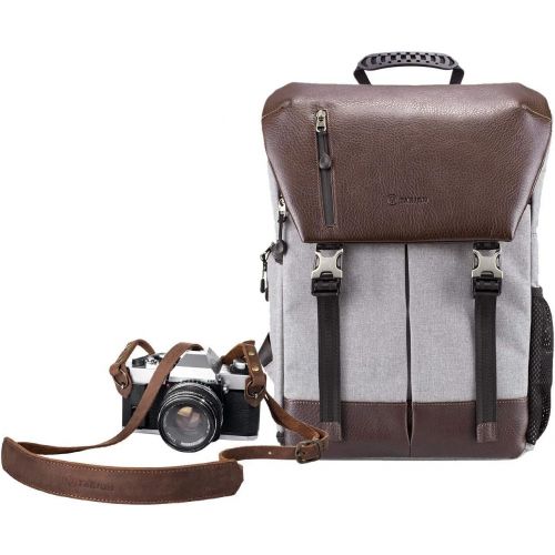  TARION Camera Backpack + Leather Camera Strap Waterproof Camera Bag with 15.6 Inch Laptop Compartment + Adjustable Genuine Camera Neck Strap Vintage for DSLR SLR Mirrorless Cameras