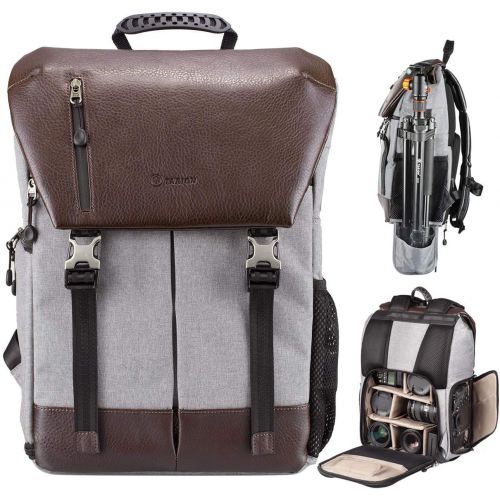  TARION Camera Backpack + Leather Camera Strap Waterproof Camera Bag with 15.6 Inch Laptop Compartment + Adjustable Genuine Camera Neck Strap Vintage for DSLR SLR Mirrorless Cameras