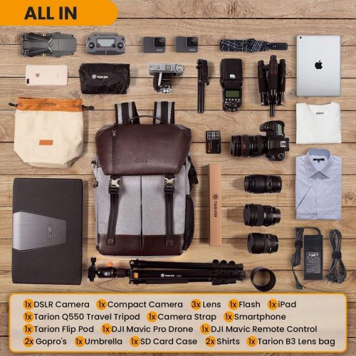  TARION Camera Backpack + Camera Strap Brown Waterproof Camera Bag with 15.6 Inch Laptop Compartment + Adjustable Camera Neck Strap Vintage for DSLR SLR Mirrorless Cameras