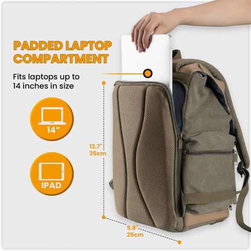  TARION Camera Backpack Canvas Camera Bag Photography Backpack for Women Men Photographer with Laptop Tripod Compartment Waterproof Rain Cover Vintage DSLR SLR Mirrorless Camcorder