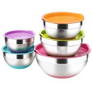 TASTI Stainless Steel Mixing Bowls with Airtight Lids, 5 Piece Colorful Silicone Flat Base Nesting Metal Bowls, 7-3.5- 2.5-2- 1.5 Quart Measurement Lines Polished Mirror Finish For
