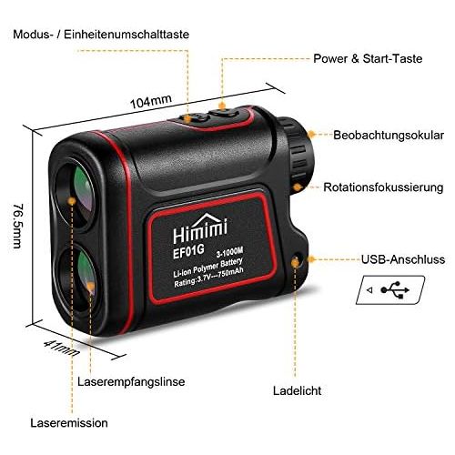  [아마존베스트]Himimi Rangefinder Golf 1000 m / 1100 Yards Hunting Rangefinder 6X/7X Magnification Laser Meter IP54 Waterproof for Flag Lock, Distance, Speed, Altitude, Tilt Measurement etc.