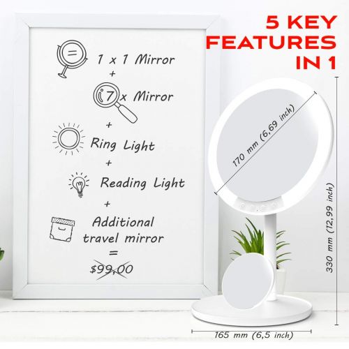  TBI Pro Makeup Vanity Mirror with 66 LED Lights - Rechargeable 7-Inch Professional Mirror with 66 Pro-Lux LEDs, 180 Degree Rotation for Dimmable Natural Light, 1x-10x Magnifying w/Stand an