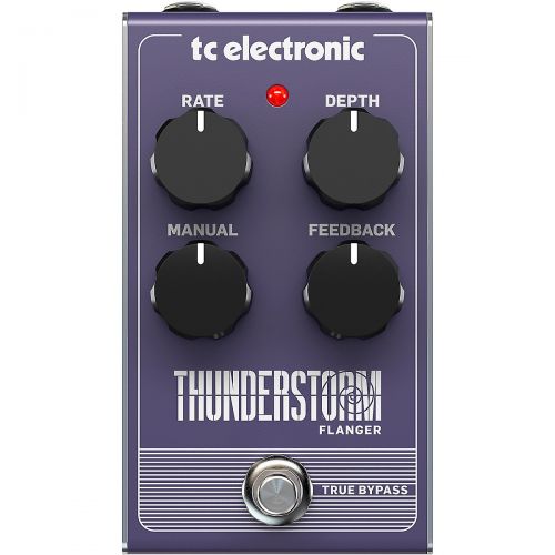  TC Electronic},description:Thunderstorm Flanger perfectly captures the classic analog flanger tones of yesteryear. From subtle tape-like sweeps and lush chorusing to a no holds bar